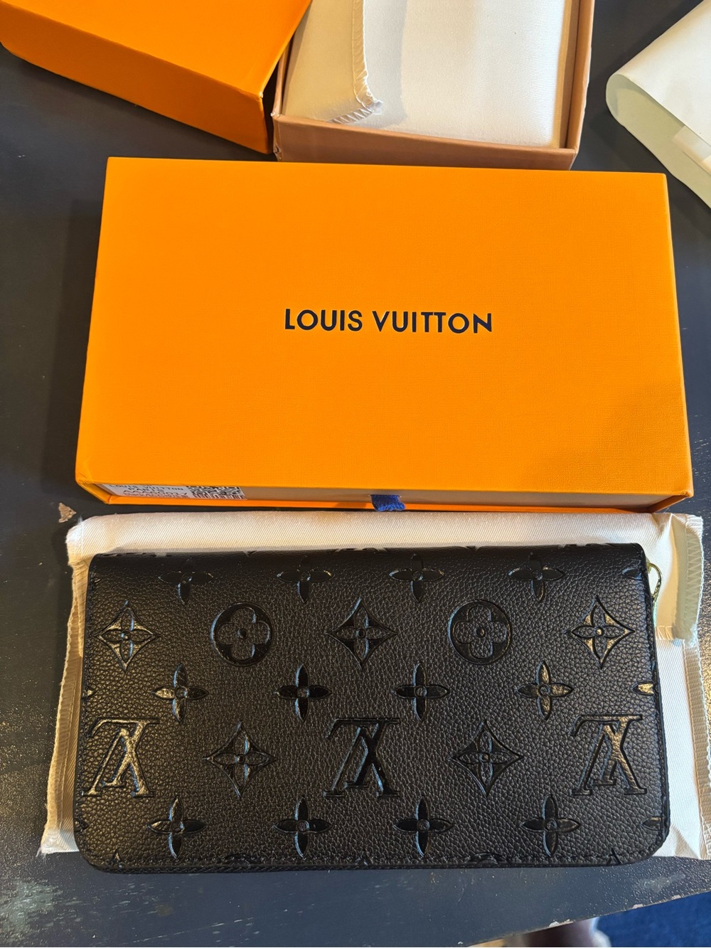 Louis Vuitton Black Monogram Embossed Continental Wallet with Orange Box